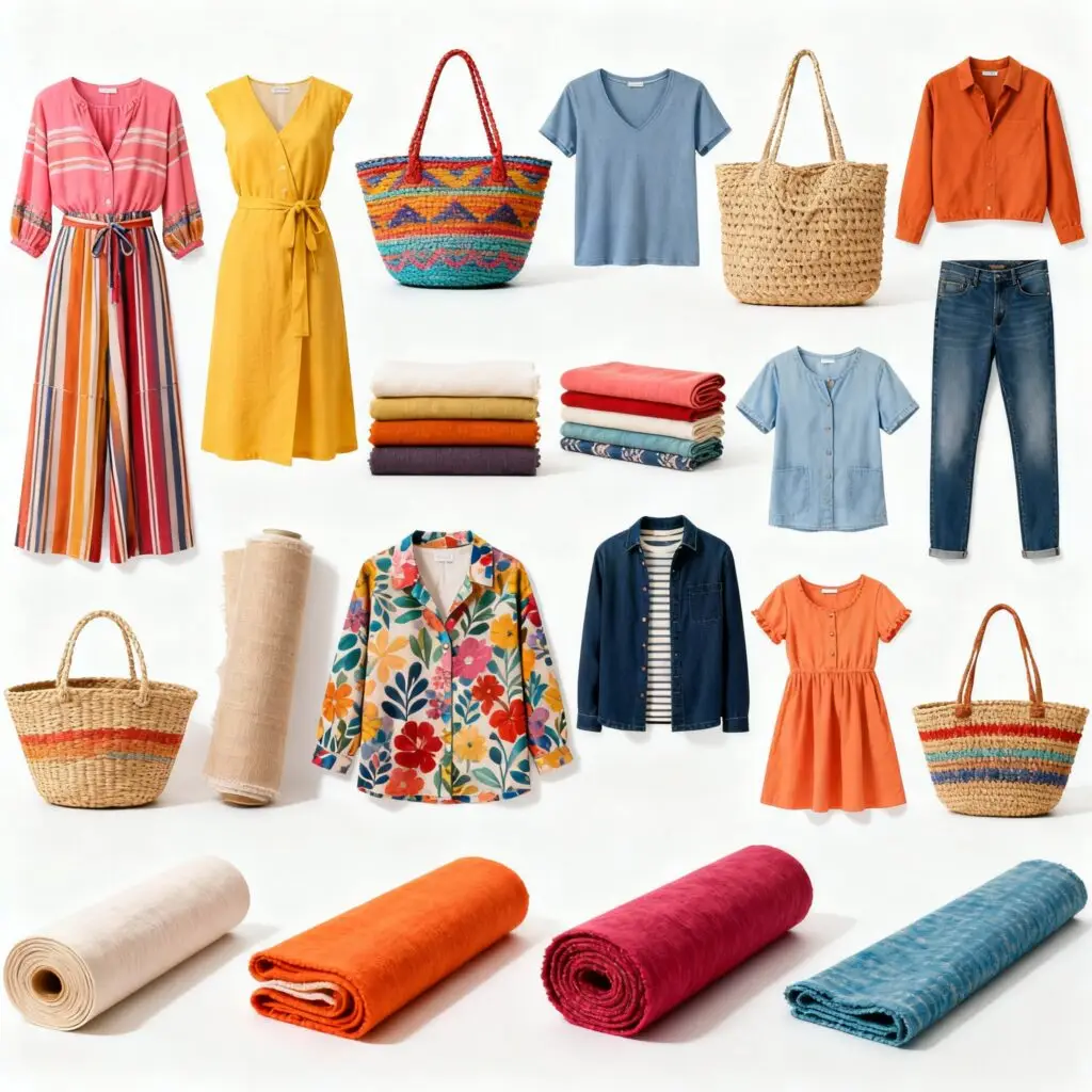 Assorted Indian handicrafts, garments, and textile products showcased for export