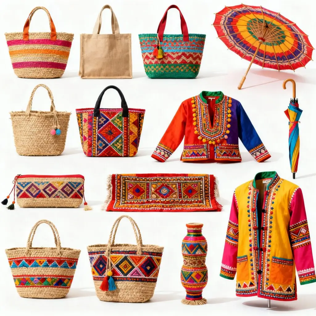 Traditional Indian handcrafted items displayed for export